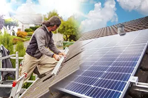 Framed Print : Roofer on Rooftop: Solar Panel Installation Print Framed Print : Roofer on Rooftop: Solar Panel Installation Print