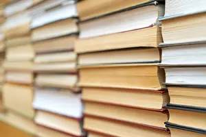 Empty Bookshelf Prints: Rows of books in the library. Background for text