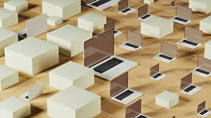 Modern Computer Setup Prints: Rows of laptops rest on light geometric blocks