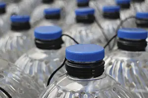 Plastic Bottles Prints: Rows translucent plastic bottles close to