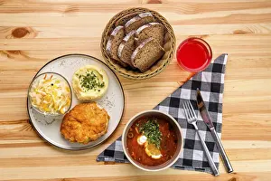 Rustic Style Still Life Prints: Rustic dinner, chicken fillet in breading