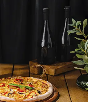 Deserted Grocery Store Scene Prints: Rustic setting of pizzas, fresh ingredients