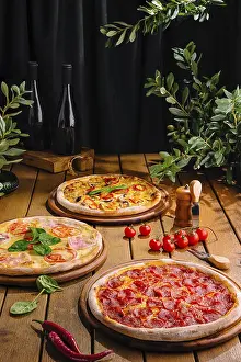 Italian Food Photography Prints: Rustic setting with variety of pizzas