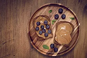 Fresh Blueberries Prints: Rye bread with peanut paste and fresh blueberries