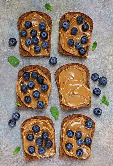 Gourmet Food Prints: Rye bread with peanut paste and fresh blueberries