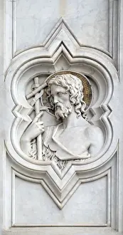 Prints of Saint John the Baptist, relief on the facade of Basilica of Santa Croce (Basilica of the Holy Cross) - famous Franciscan church in Florence, Italy Neo-Gothic Architecture Prints: Saint John the Baptist Print, Basilica of Santa Croce Facade