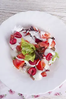 Leafy Vegetable Nutrition Prints: Salad with dressing and fresh raspberry