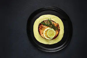 Fried Salmon Prints: Salmon steak, fried, mashed potatoes