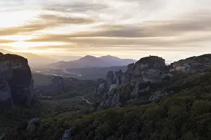 Meteora Greece Prints: Sandstone formations at dusk, backlight