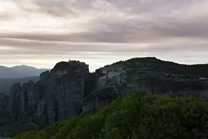 Meteora Greece Prints: Sandstone formations at dusk, backlight
