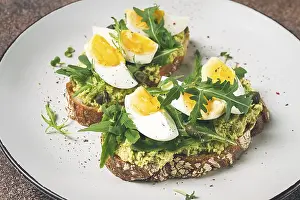 Gourmet Breakfast Meal Prints: Sandwich with mashed avocado, boiled egg