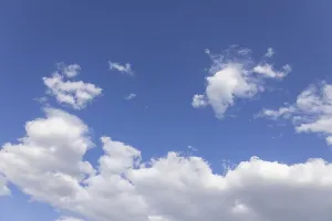 Overcast Summer Sky Prints: Scenic dramatic summer clouds. Cloudscape of bright blue sky
