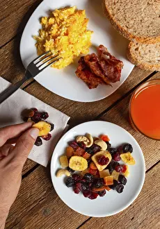 Healthy Eating Habits Prints: Scrambled eggs with bacon, dried fruit