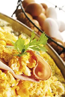 Still Life Images Prints: Scrambled eggs and cooked ham
