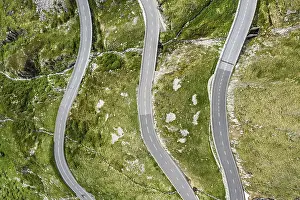 Prints of Serpentines of a mountain pass, Furka Pass near Rhone Glacier, top-down aerial view, Switzerland Serpentine Prints: Furka Pass Mountain Serpentine Print, Switzerland