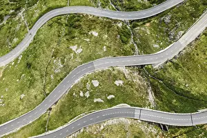 Prints of Serpentines of a mountain pass, Furka Pass near Rhone Glacier, top-down aerial view, Switzerland Aerial View Prints: Furka Pass Aerial Print, Switzerland