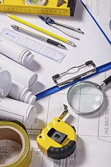 Construction Plan Details Prints: Set of architect tools on blueprint