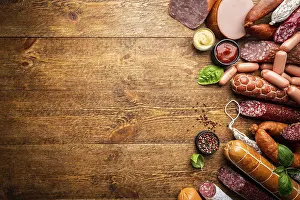 Savory Meat Options Prints: Set of different types of sausages