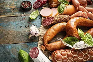 Pork Sausage Products Prints: Set of different types of sausages