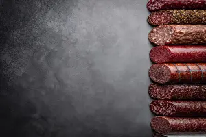 Smoked Meat Products Prints: Set of different types of sausages
