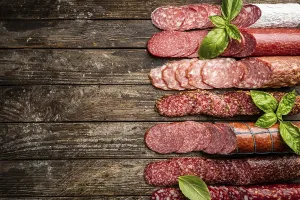 Spicy Sausage Products Prints: Set of different types of sausages
