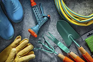 Gardening Equipment Prints: Set Of Garden Tools In Flat Lay Composed