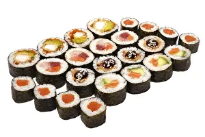 Raw Seafood Meal Prints: Set of sushi set isolate on a white background