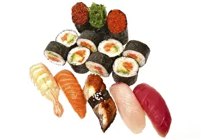 Fresh Seafood Dish Prints: Set of sushi set isolate on a white background