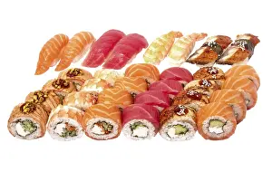 Raw Seafood Prints: Set of sushi set isolate on a white background
