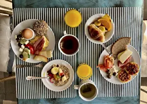 Bread And Cheese Platter Prints: Set table with breakfast for two