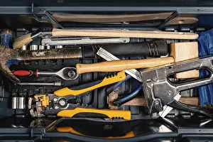 Industrial Workshop Prints: Set of working tools in tool box