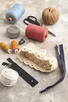 Sewing Accessories Prints: Sewing accessories: scissors, thread