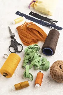 Sewing Accessories Prints: Sewing accessories: scissors, thread