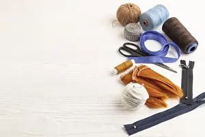 Embroidery Equipment Prints: Sewing accessories: scissors, thread