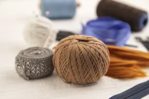 Sewing Shop Accessories Prints: Sewing accessories: scissors, thread