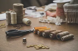 Handicraft Symbolism Prints: Sewing concept. Scissors, threads and buttons