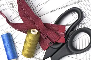 Handicraft Detail View Prints: Sewing pattern with sew instrument close up
