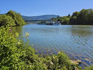 Clear Blue Sky Europe Prints: A ship sails on the Main, in the background a bridge