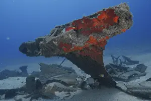 Meteor Wreck Dive Site Prints: Shipwreck with exposed, rusty structures and fish below