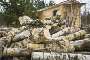 Rural Countryside Scene Prints: A shoot of stack of birch logs