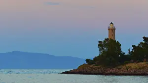 Balkan Peninsula Coastal Area Prints: Silhouette of a lighthouse at dusk