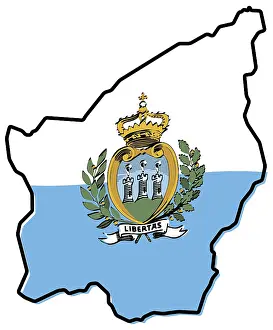 Prints of Simplified map of San Marino outline, with slightly bent flag under it San Marino Prints: Simplified Map of San Marino Outline Print with Flag