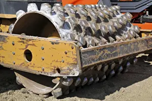 Empty Construction Area Prints: Single drum roller, roller, steam roller on construction site