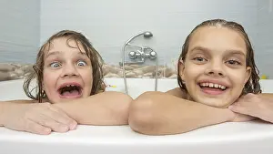 Cleanliness For Kids Prints: Two sisters bathe in the bath and make fun faces