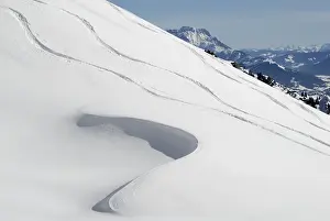 Prints of Ski tracks on slopes, s-shaped drift pattern in foreground, Wilder Kaiser Range, Tirol, Austria, Europe Sport Prints: Ski Tracks on Austrian Slopes Print