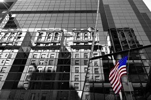 New York City Skyscraper Prints: Skyscraper Facade with US Flag and Reflection