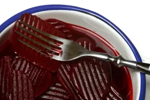 Beetroot Food Photography Prints: Sliced pickled beetroot with peel and fork