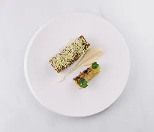 White Plate Presentation Prints: Two small courses are presented on a white plate