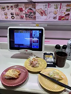 Typical Japanese Dish Prints: Several small plates with sushi