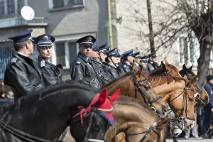 Prints of Sofia, Bulgaria - March 19, 2016: Policemen and policewomen from Horse police unit are participating in a parade at Saint Theodore's day Sofia, Bulgaria - March 19 Sofia Prints: Sofia, Bulgaria - Saint Theodore's Day Horse Police Parade Print